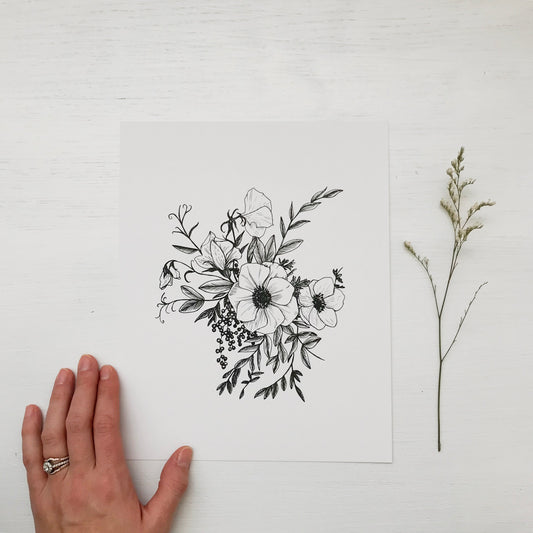 hand drawn floral botanical illustration minimalist wildflower anemone peony hand drawn art